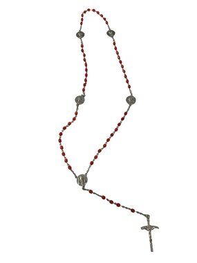 Vintage Pope John Paul II Rosary Red Glass Beads Silver Tone Crucifix 23”